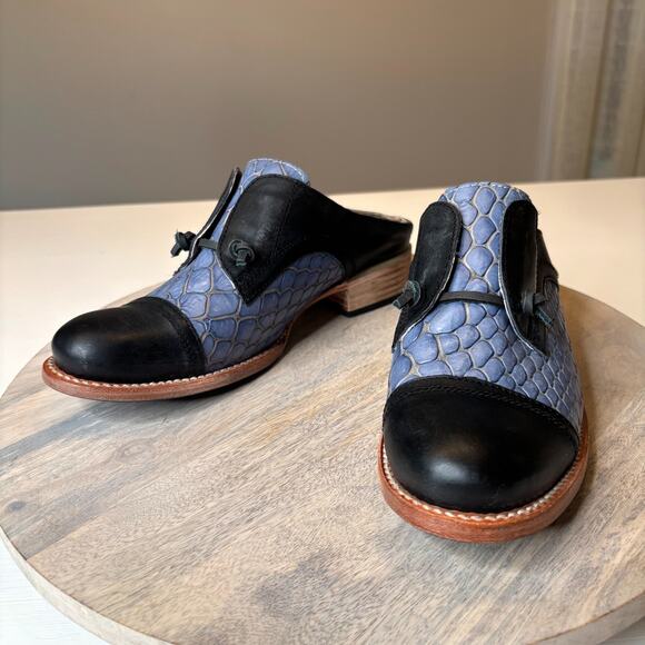 NEW Freebird by Steven Malena Blue Black Snakeskin Leather Mules Women’s Size 9 - Picture 3 of 12